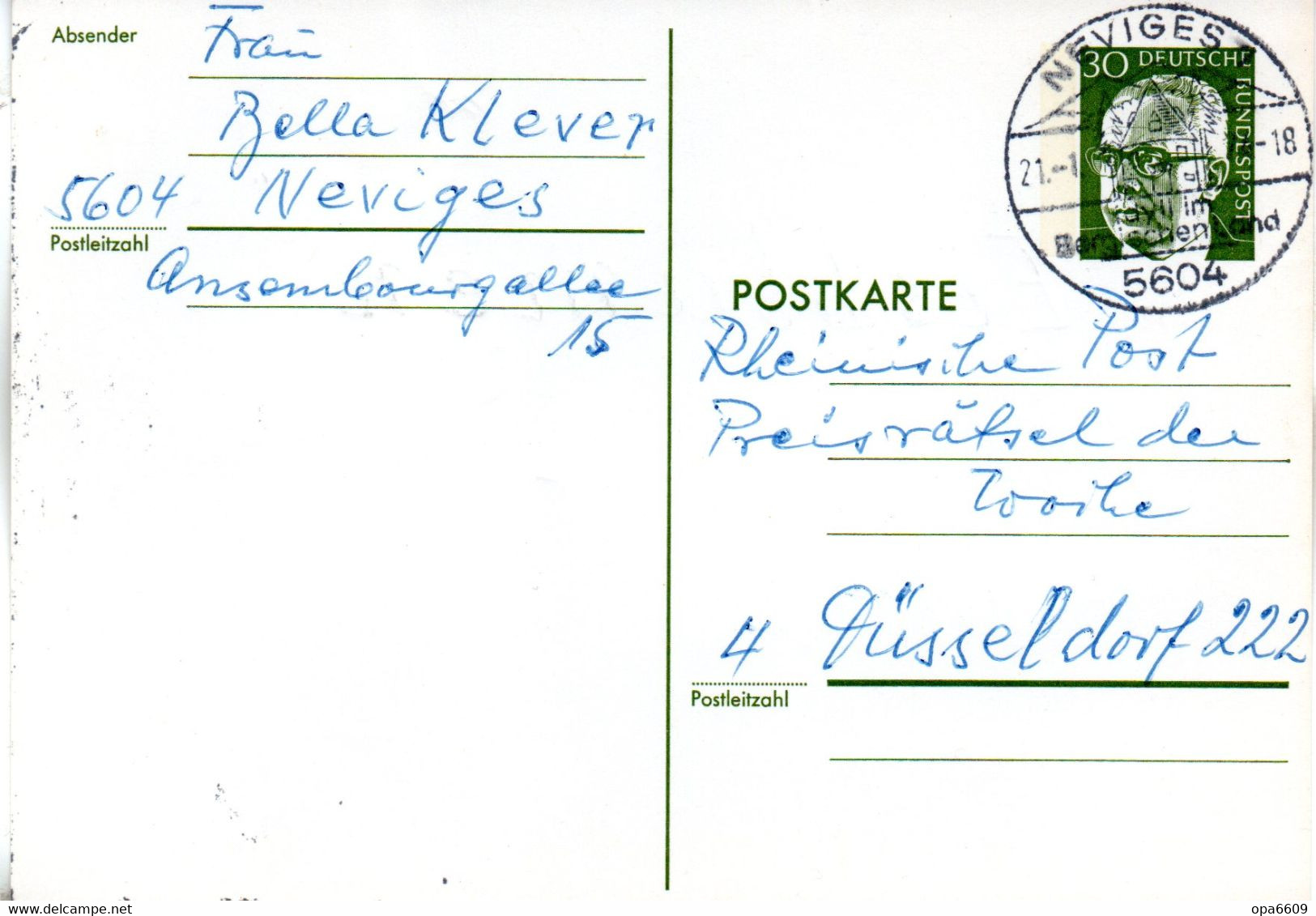 BRD Amtl.Ganzs.-Postkarte P 110b WSt."Bundespräsident Dr. Gustav Heinemann" 30 (Pf) Grün, SSt 21.11.74 NEVIGES - Postkarten - Gebraucht