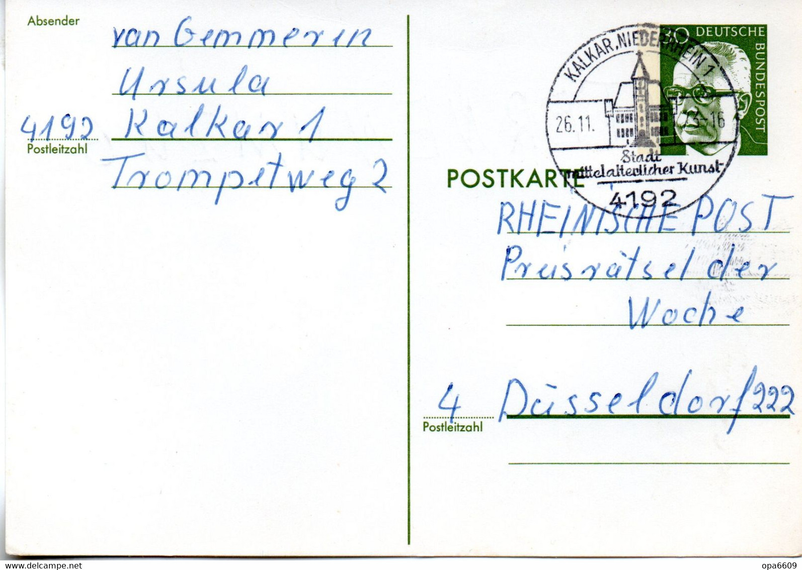 BRD Amtl.Ganzs.-Postkarte P 110b WSt."Bundespräsident Dr. Gustav Heinemann" 30 (Pf) Grün, SSt 26.11.74 KALKAR - Postkarten - Gebraucht