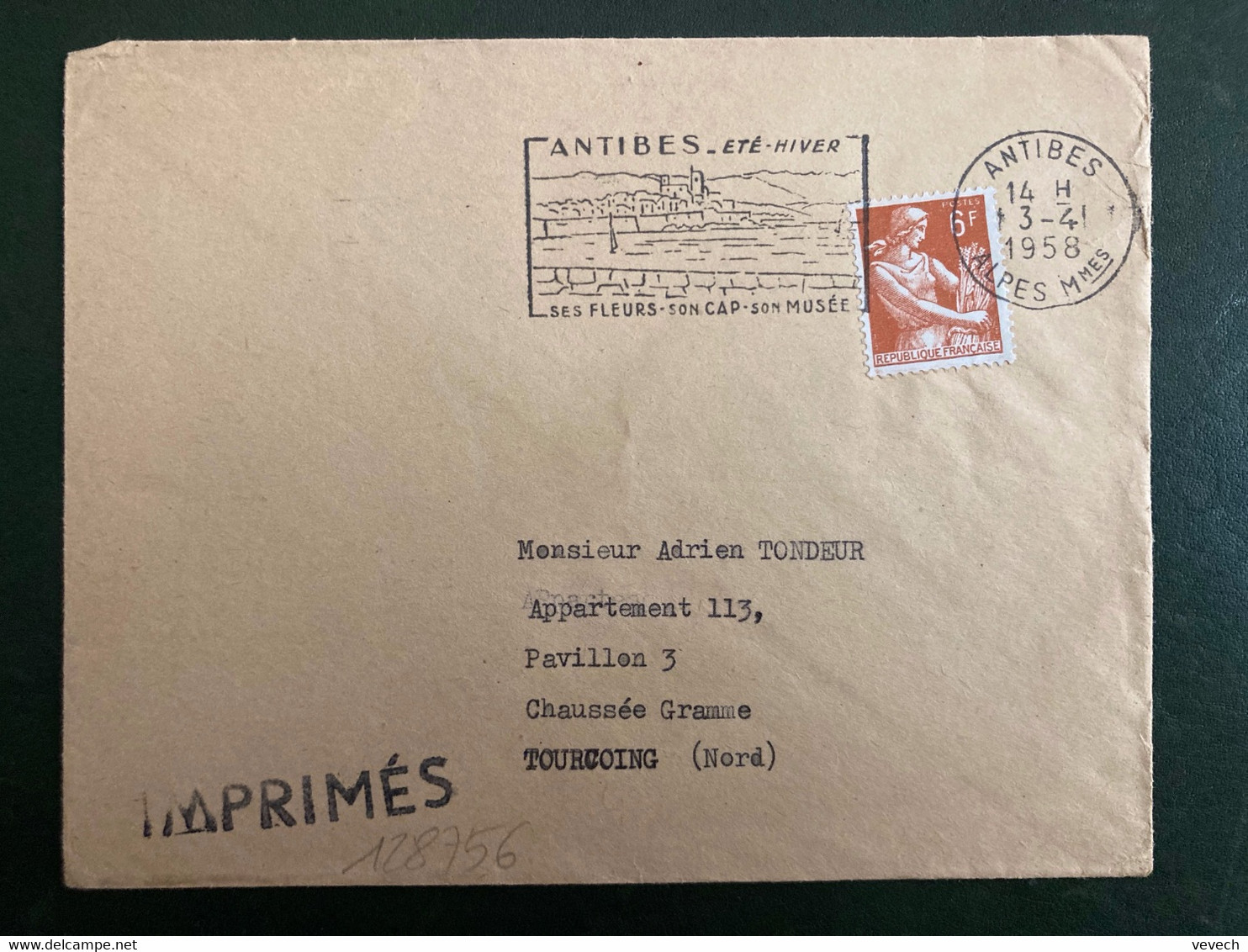 LETTRE (IMPRIMES) TP PAYSANNE 6F OBL.MEC.3-4 1958 ANTIBES ALPES MMES (06) - 1957-1959 Mäherin