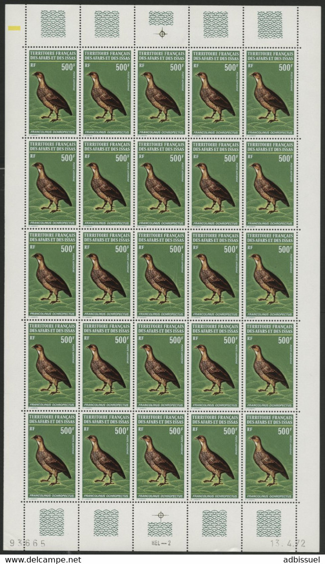 AFARS Et ISSAS COTE 1200 € POSTE AERIENNE N° 71 MNH ** FEUILLE DE 25 EX. OISEAUX BIRD FRANCOLINUS OCHROPECTUS. TB/VG - Nuovi