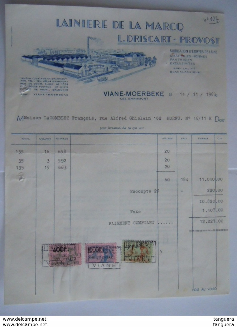 1963 Driscart-Provost Lainière De La Marcq Viane-Moerbeke Facture Lacomblet Hornu Taxe 1407 Fr - Vestiario & Tessile