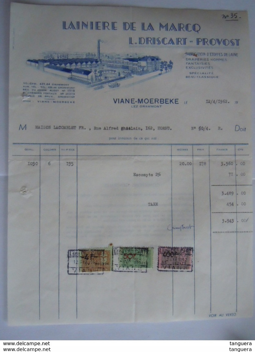 1962 Driscart-Provost Lainière De La Marcq Viane-Moerbeke Facture Lacomblet Hornu Taxe 454 Fr - Kleidung & Textil
