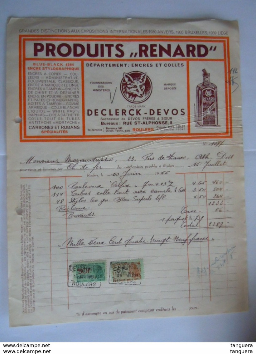 1955 Declerck-Devos Produits "Renard" Encres Colles Roulers Facture Moranduzzo Ath Taxe 56 Fr - Drukkerij & Papieren