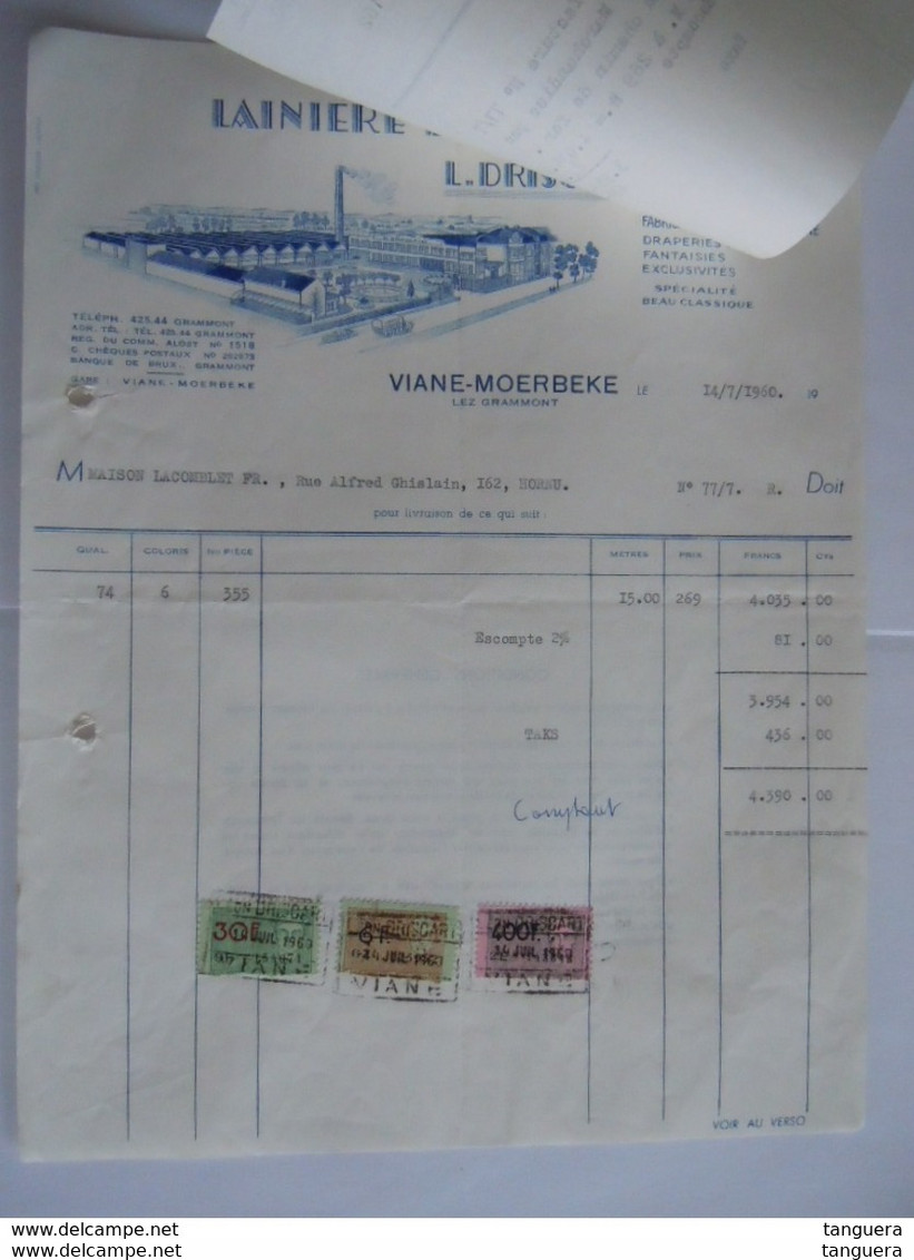 1960 Driscart-Provost Lainière De La Marcq Viane-Moerbeke Facture Lacomblet Hornu Taxe 436 Fr - Textile & Clothing