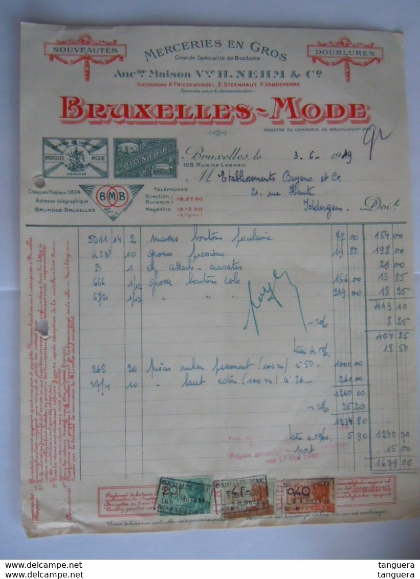 1949 H. Nehm & Co Bruxelles-Mode Merceries En Gros Spécialité De Boutons Facture Ets Bayens Iddergem Taxe 24,40 Fr - Kleidung & Textil