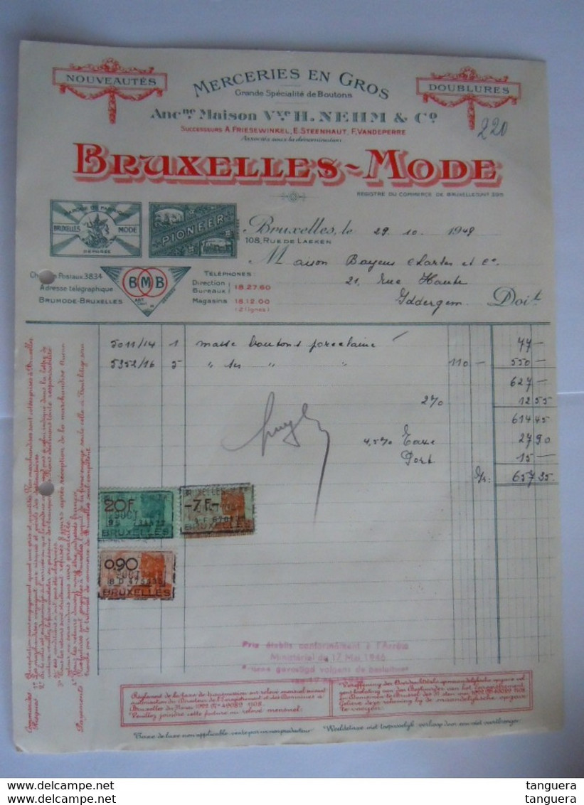 1949 H. Nehm & Co Bruxelles-Mode Merceries En Gros Spécialité De Boutons Facture Ets Bayens Iddergem Taxe 27,90 Fr - Vestiario & Tessile