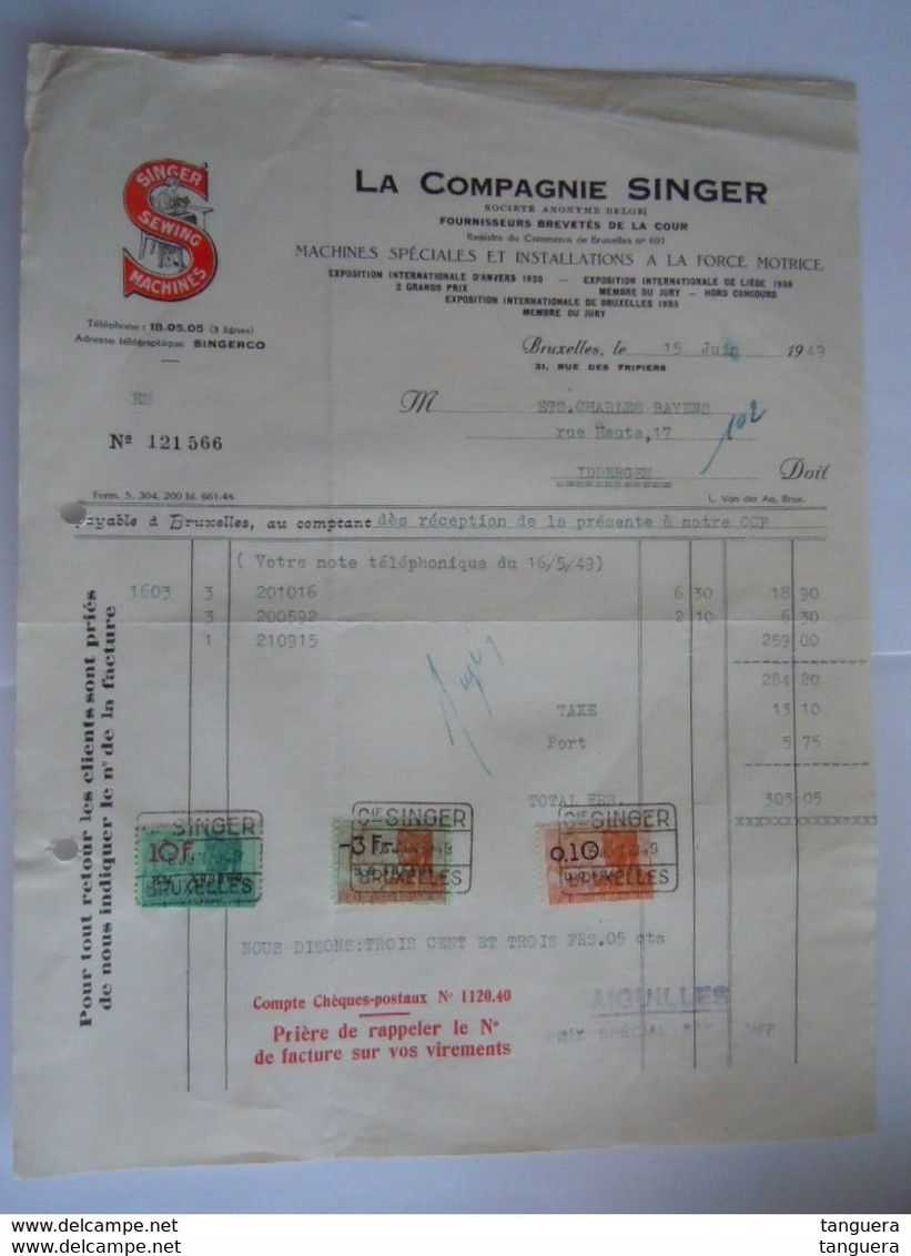 1949 La Compagnie Singer Bruxelles Sewing Machines à Coudre Naaimachines Facture Ets Bayens Iddergem Taxe 13,10 Fr - Kleidung & Textil