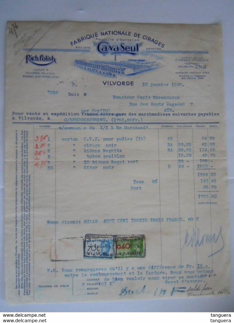 1941 Ca-va-Seul Vilvorde Vilvoorde Fabrique Nationale De Cirages Rich Polish Facture Moranduzzo Ath Taxe 140 Fr - Profumeria & Drogheria