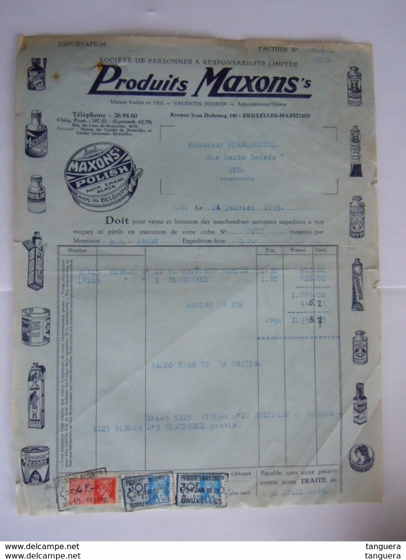 1940 Produits Maxons's Bruxelles-Maritime Polish  Facture Moranduzzo Ath Taxe 64 Fr - Perfumería & Droguería