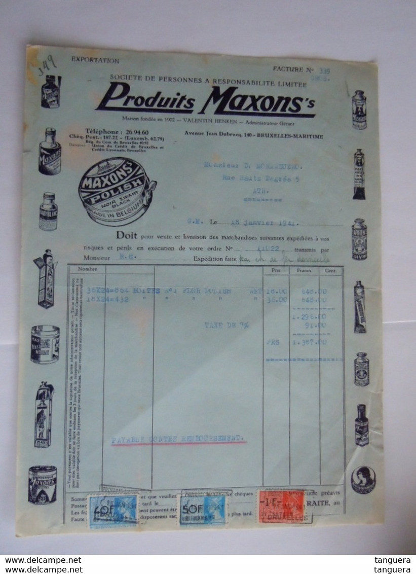 1940 Produits Maxons's Bruxelles-Maritime Polish  Facture Moranduzzo Ath Taxe 91 Fr - Perfumería & Droguería