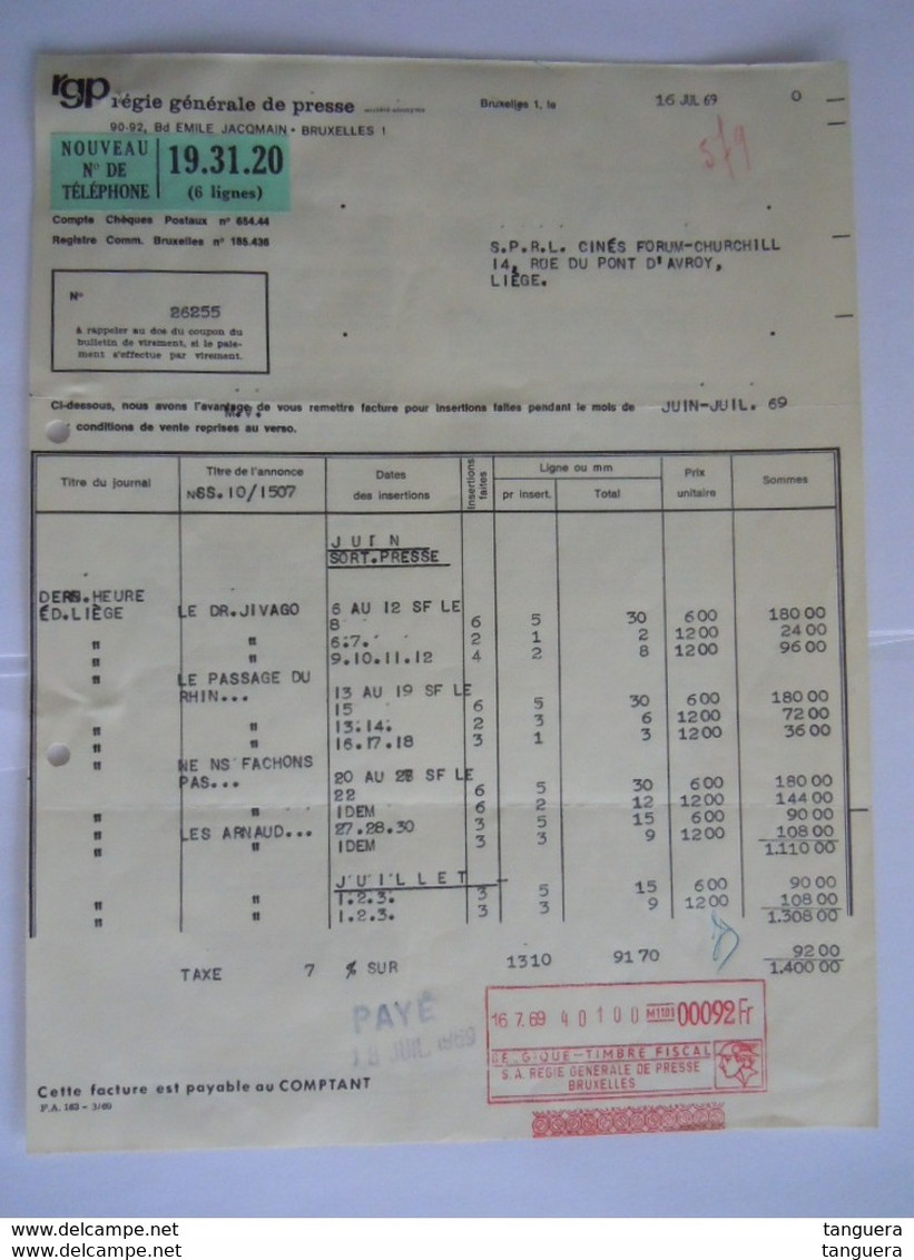 1969 RGP Régie Générale De Presse Bruxelles Publicité Pour Films Facture Cinés Forum-Churchill Liège Taxe 92 Fr - Stamperia & Cartoleria