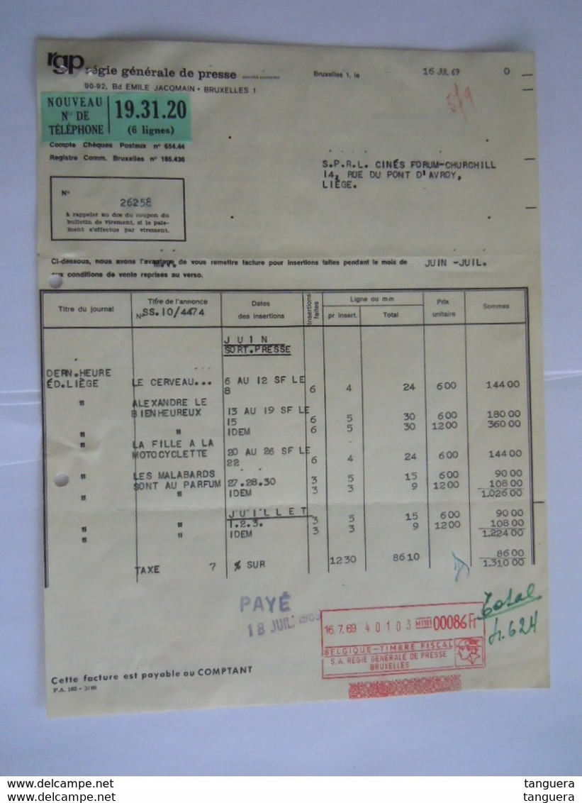 1969 RGP Régie Générale De Presse Bruxelles Publicité Pour Films Facture Cinés Forum-Churchill Liège Taxe 86 Fr - Printing & Stationeries