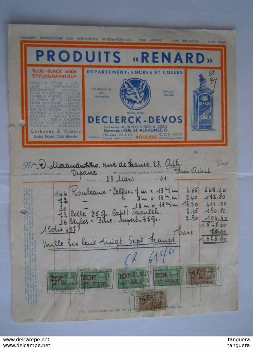 1961 Declerck-Devos Produits "Renard" Encres Colles Roulers Facture Moranduzzo Ath Taxe 78 Fr - Imprimerie & Papeterie