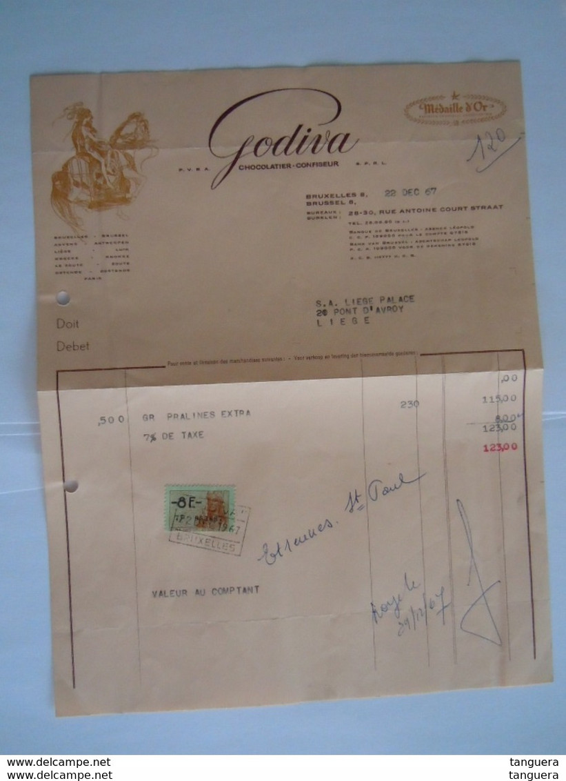 1967 Godiva Bruxelles Chocolatier Confiseur Facture Pralines Liège-Palace Taxe 8 Fr - Lebensmittel