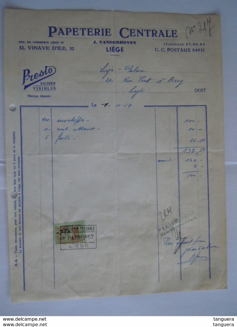 1957 Papeterie Centrale Liège Presto Fiches Visbles Facture Liège-Palace Taxe 7 Fr - Druck & Papierwaren