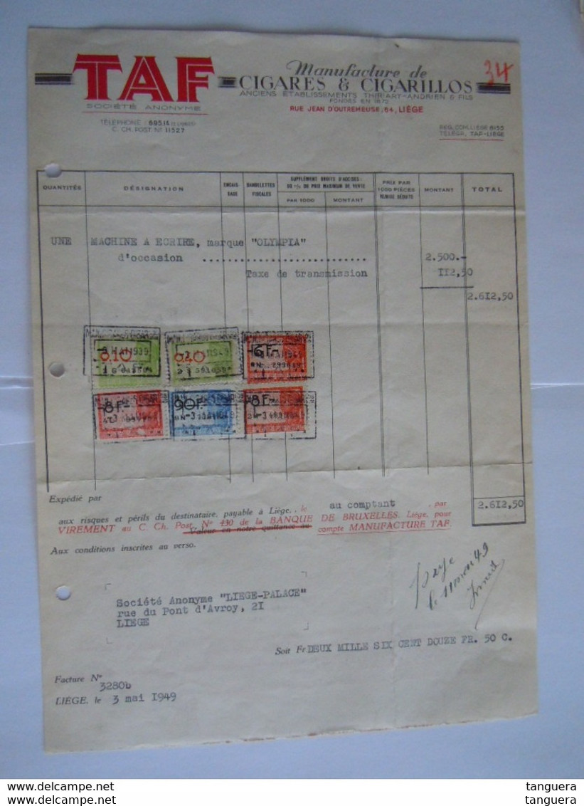 1949 TAF Liège Manufacture De Cigares & Cigarillos Vente D'une Machine à écrire Olympia Facture Liège Palace Taxe 112,50 - Alimentaire