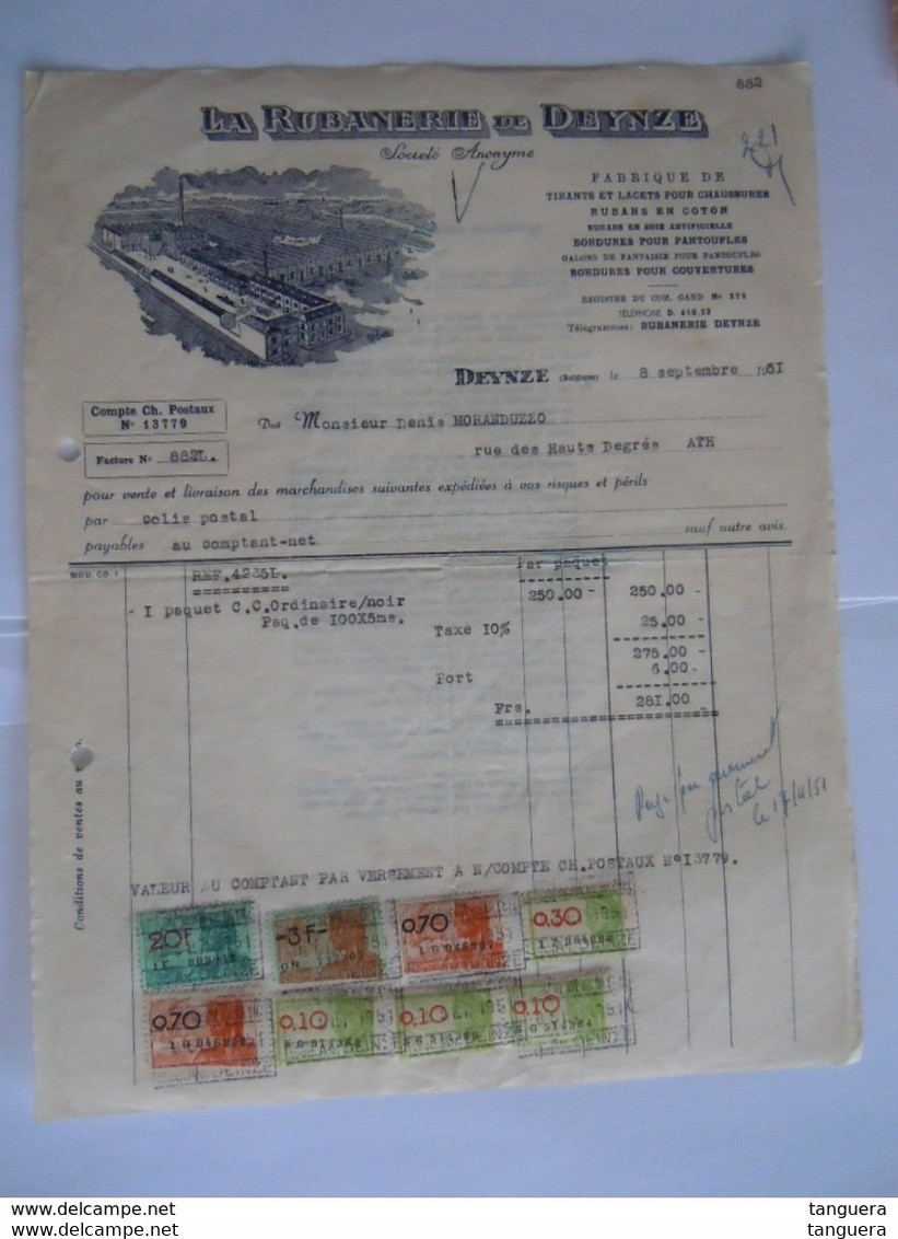 1951 La Rubanerie De Deynze Fabrique De Tirants Et Lacets Pour Chaussures Facture Moranduzzo Ath Taxe 25 Fr - Kleidung & Textil