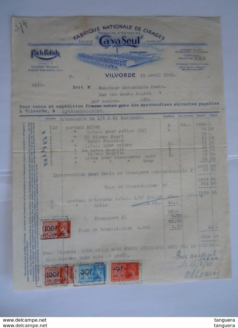 1941 Ca-va-Seul Vilvorde Vilvoorde Fabrique Nationale De Cirages Rich Polish Facture Moranduzzo Ath Taxe 239 Fr - Perfumería & Droguería