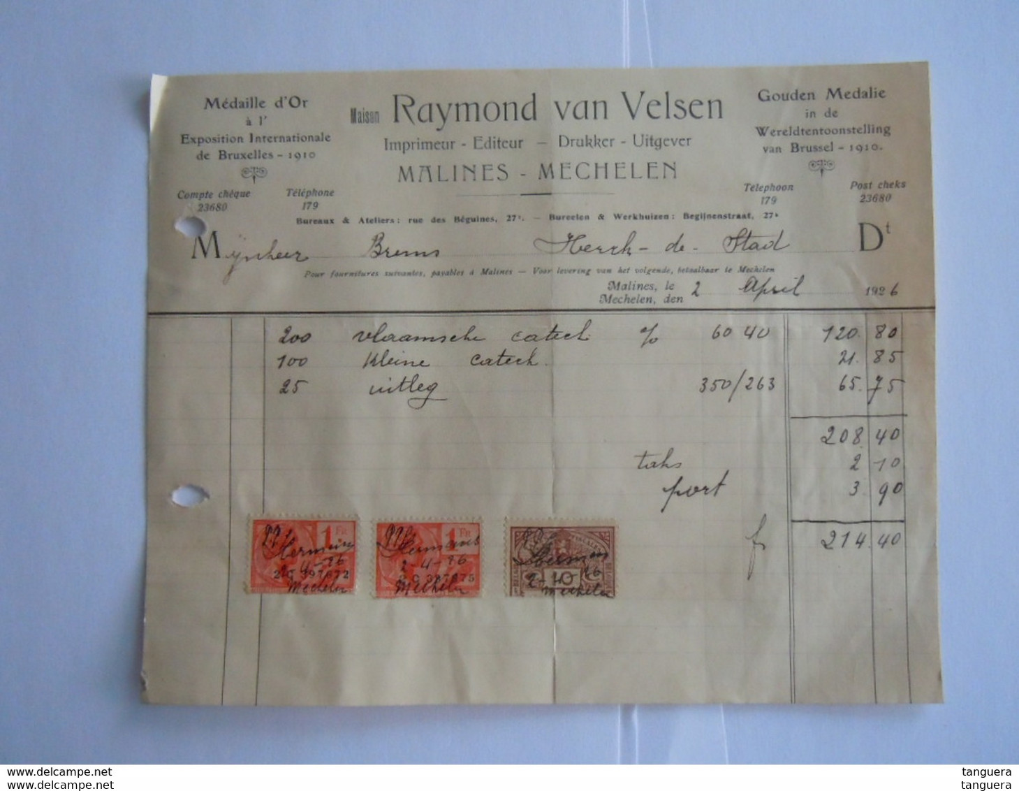 1926 Raymond Van Velsen Drukker Uitgever Imprimeur Mechelen Malines Facture Factuur Brems Herck-de -stad Taxe  2,10 Fr - Druck & Papierwaren