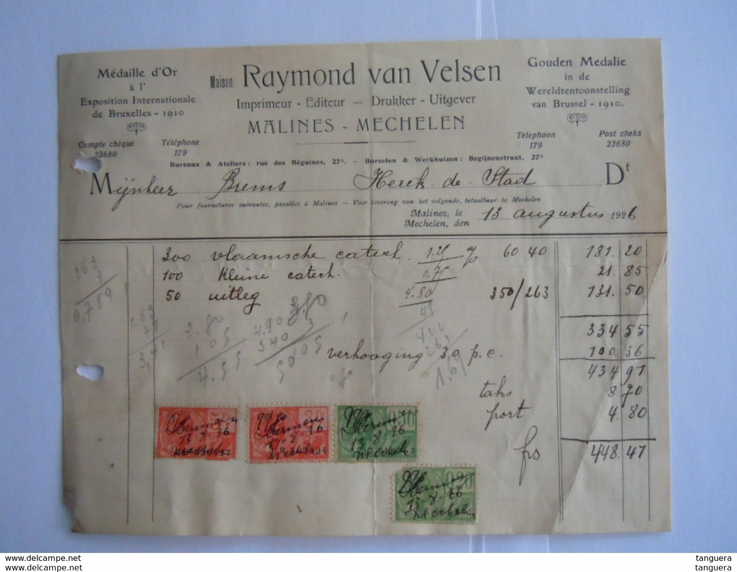 1926 Raymond Van Velsen Drukker Uitgever Imprimeur Mechelen Malines Facture Factuur Brems Herck-de -stad Taxe  8,70 Fr - Druck & Papierwaren
