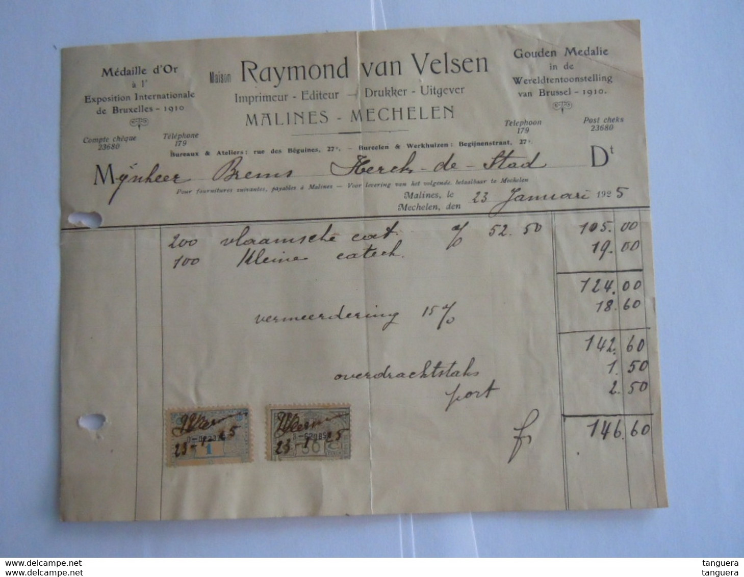 1925 Raymond Van Velsen Drukker Uitgever Imprimeur Mechelen Facture Factuur Brems Herck-de -stad Taxe 1,50 Fr - Druck & Papierwaren