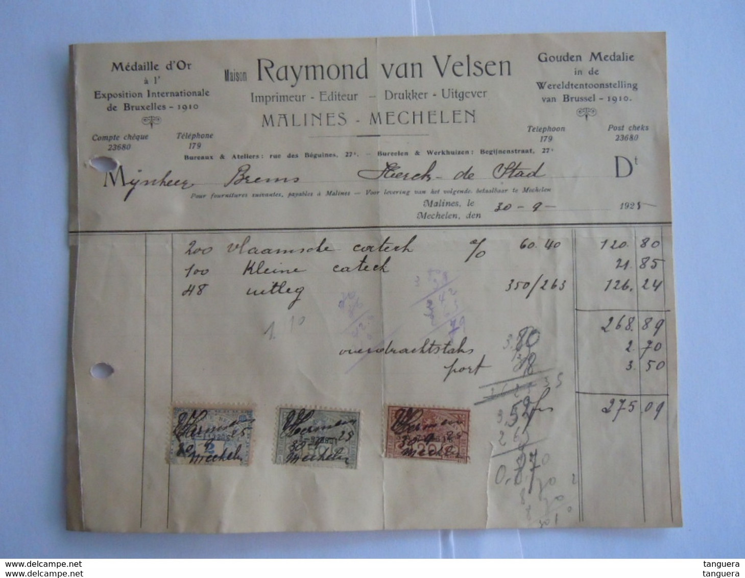 1925 Raymond Van Velsen Drukker Uitgever Imprimeur Mechelen Facture Factuur Brems Herck-de -stad Taxe 2,70 Fr - Printing & Stationeries