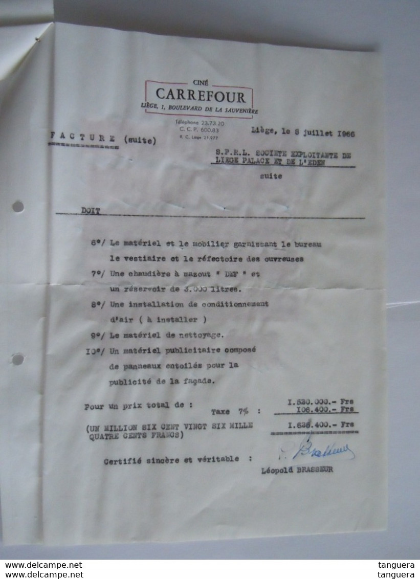 1966 Ciné Carrefour Facture Pour Liège-Palace Taxe Fiscale Zegels De 106400 Fr. - Documents