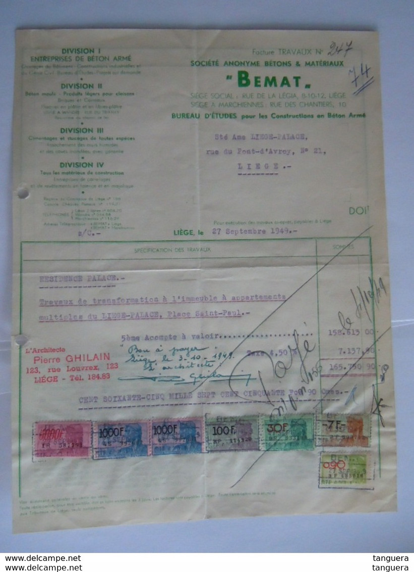 1949 Bemat Liège Beton Facture Pour Liège-Palace Travaux Taxe Fiscale Zegels De 7137 Fr. - Documents