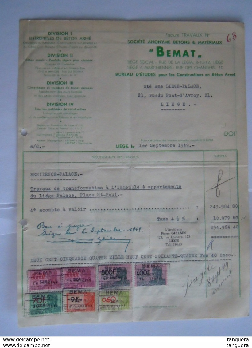 1949 Bemat Liège Beton Facture Pour Liège-Palace Travaux Taxe Fiscale Zegels De 10979 Fr. - Documents