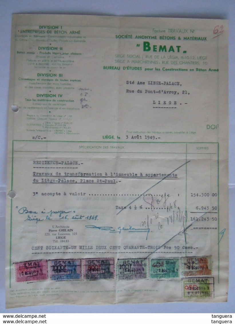 1949 Bemat Liège Beton Facture Pour Liège-Palace Travaux Taxe Fiscale Zegels De 6943 Fr. - Documentos
