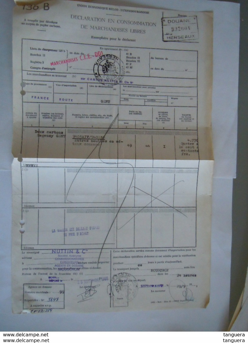 Mouscron 1969 Nuttin & Cie Transports Internationaux Facture Fiskale Zegels + Taxe De Transmission + Douane Herseaux - Automobil