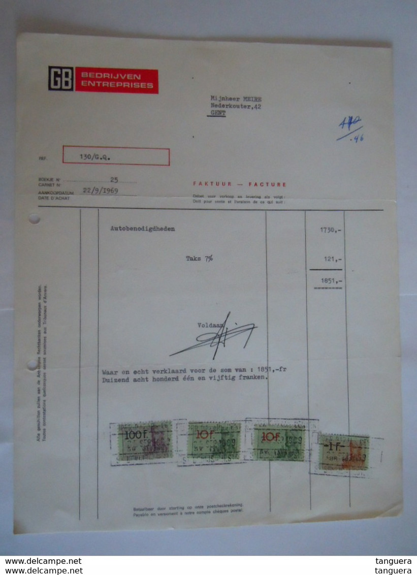 Gent 1969 GB Bedrijven Entreprises Facture Autobenodigdheiden Fiskale Zegels Tax 100 10 1 F - Transportmiddelen