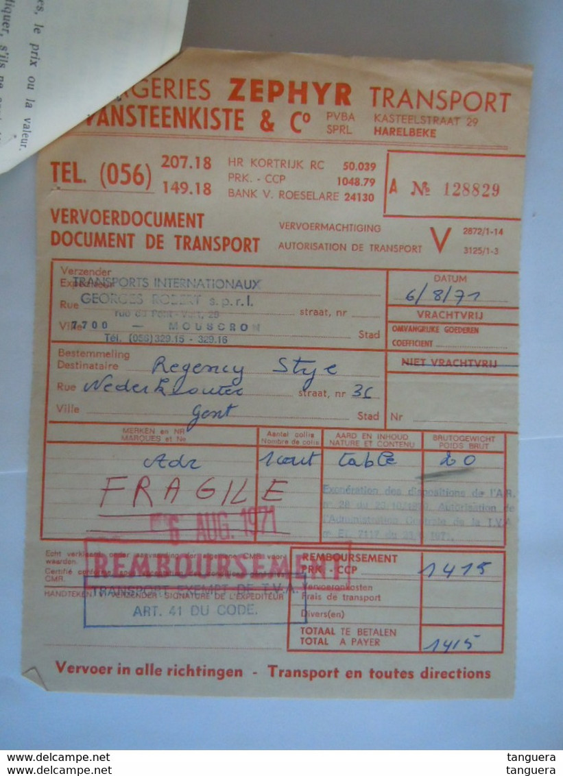 Mouscron 1971 Georges Robert Transports Internationaux Facture + TVA 768 Douane Herseaux + Vervoerdocument Zephyr - Trasporti