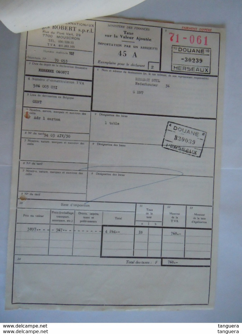 Mouscron 1971 Georges Robert Transports Internationaux Facture + TVA 768 Douane Herseaux + Vervoerdocument Zephyr - Verkehr & Transport