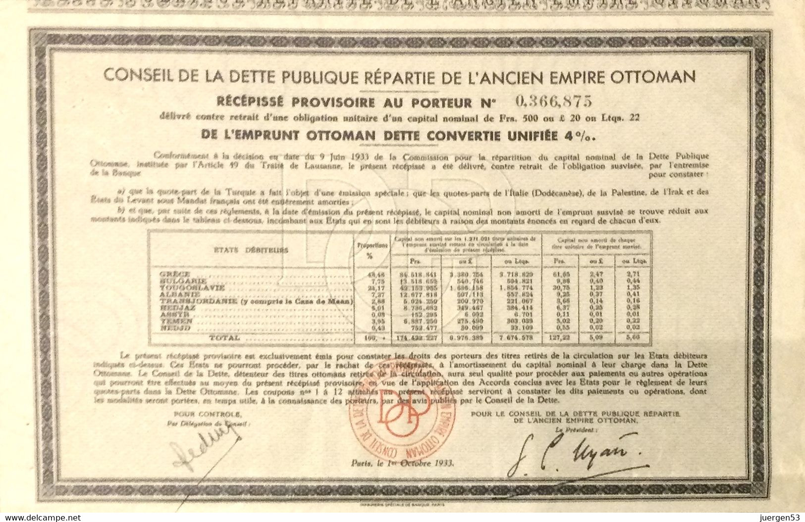 Empire Ottoman 1933, Unifiée 4 % - Asie