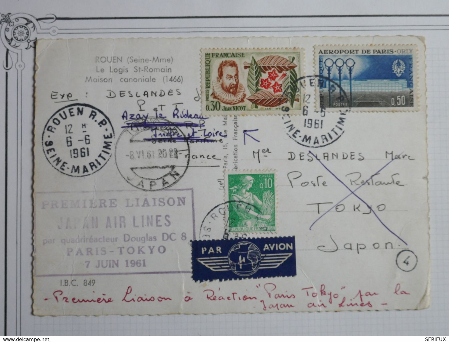 BG5 FRANCE  BELLE LETTRE   1961  IER VOL PARIS TOKIO JAPON VIA JAPAN AIR L.    + +AFF. PLAISANT - Premiers Vols