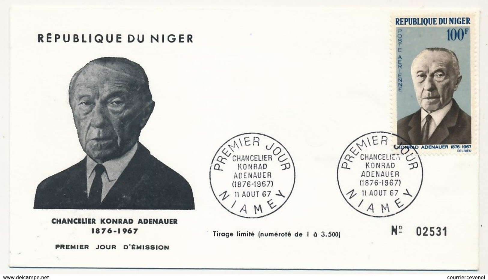 NIGER - Enveloppe FDC - 100F Chancelier Konrad Adenauer - NIAMEY - 11 Aout 1967 - Niger (1960-...)