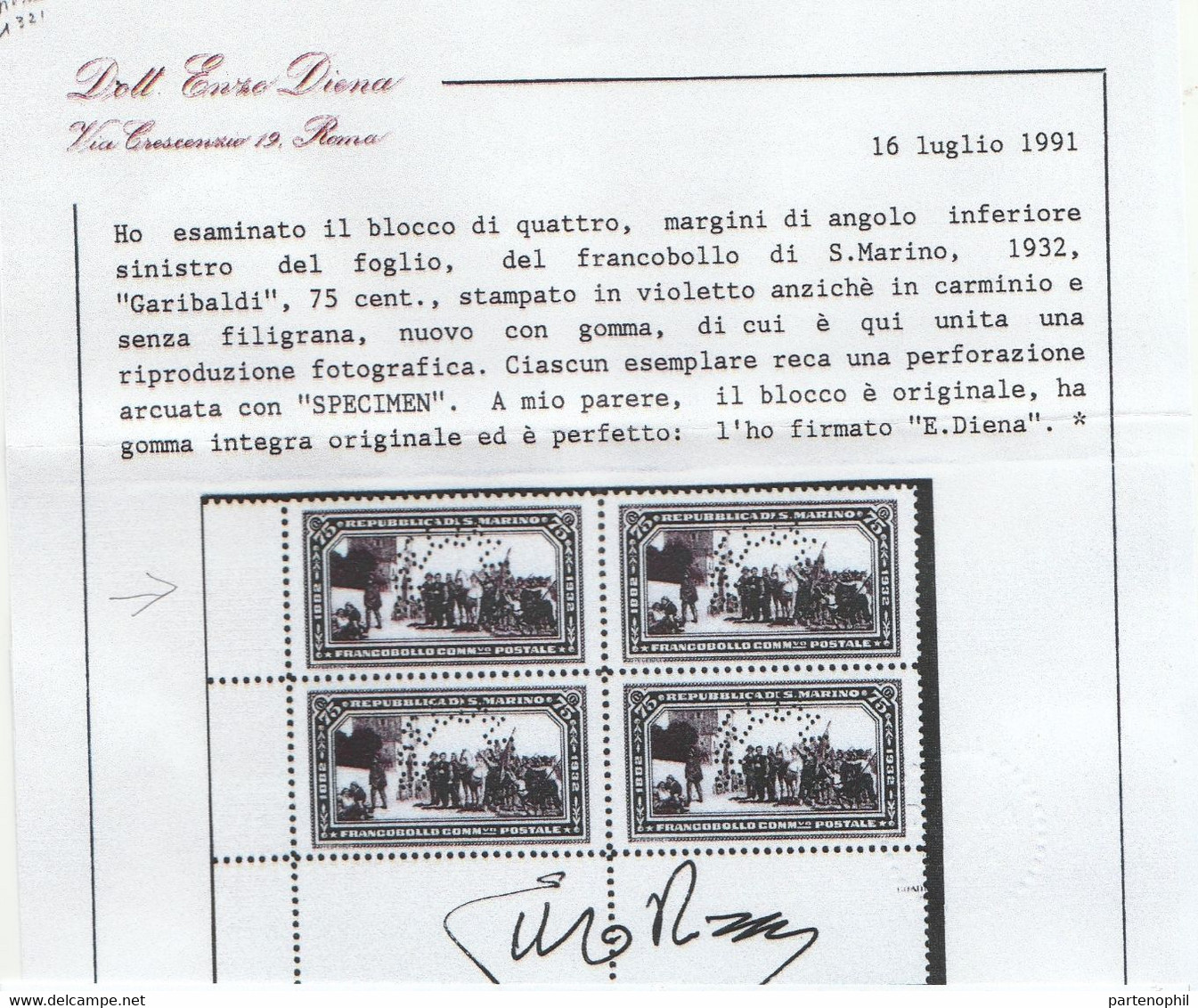 421 1932 - Garibaldi 75 Cent. Stampato In Violetto Anziché In Carminio E Senza Filigrana, Il Francobollo Reca Una MNH - Variedades Y Curiosidades