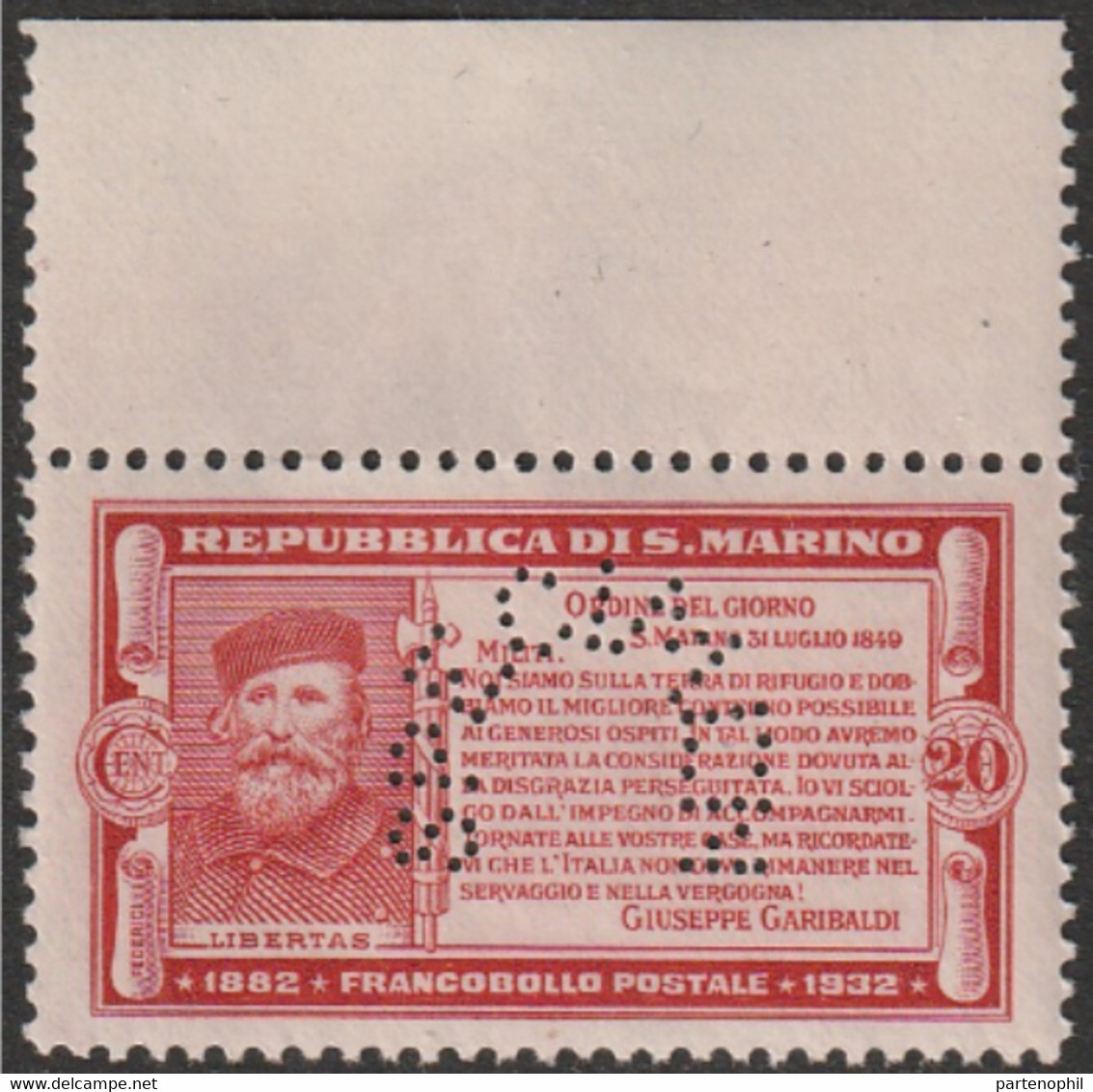 422 - 1932 - Garibaldi 20 Cent. Stampato In Carminio Anziché In Violetto E Senza Filigrana, Il Francobollo Reca Una MNH - Varietà & Curiosità