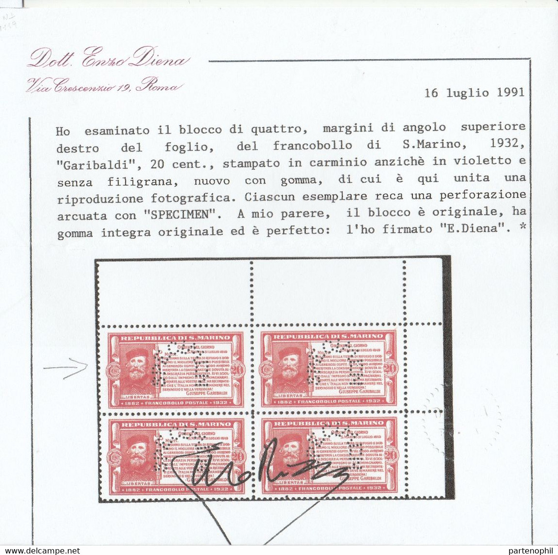 422 - 1932 - Garibaldi 20 Cent. Stampato In Carminio Anziché In Violetto E Senza Filigrana, Il Francobollo Reca Una MNH - Abarten Und Kuriositäten