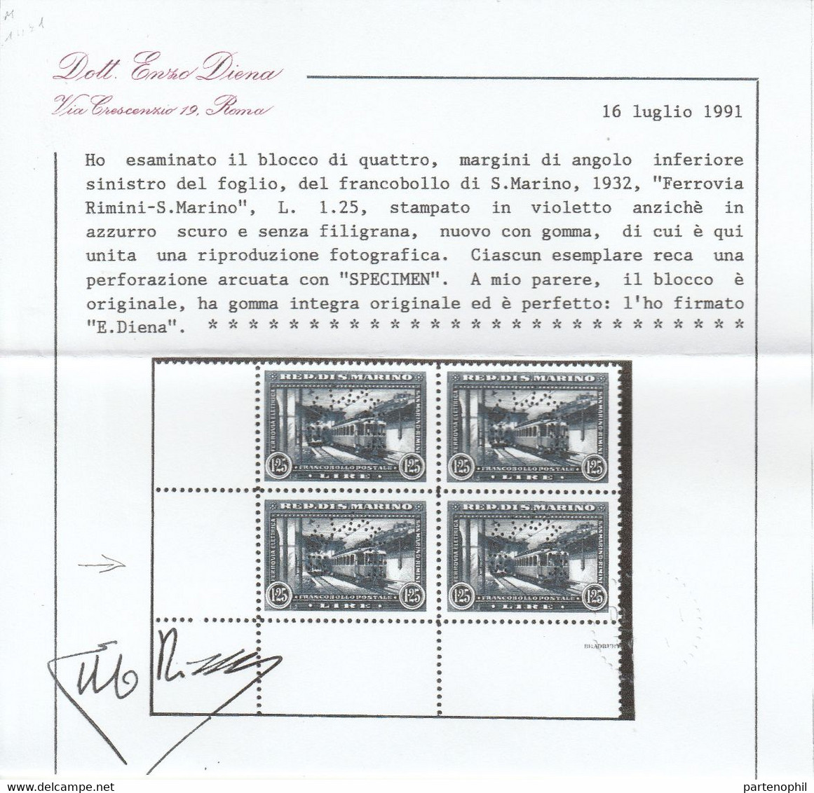 423 - 1932 - Ferrovia Rimini-San Marino L. 1,25 Stampato Coppia Orizzontale In Violetto Anziché In Azzurro Scuro E MNH - Variétés Et Curiosités