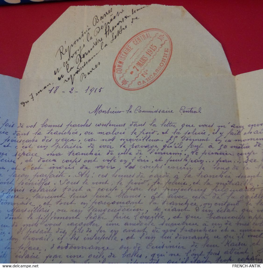 LETTRE CARCASONNE CACHET COMMISSAIRE CENTRAL 1915 - Briefe U. Dokumente