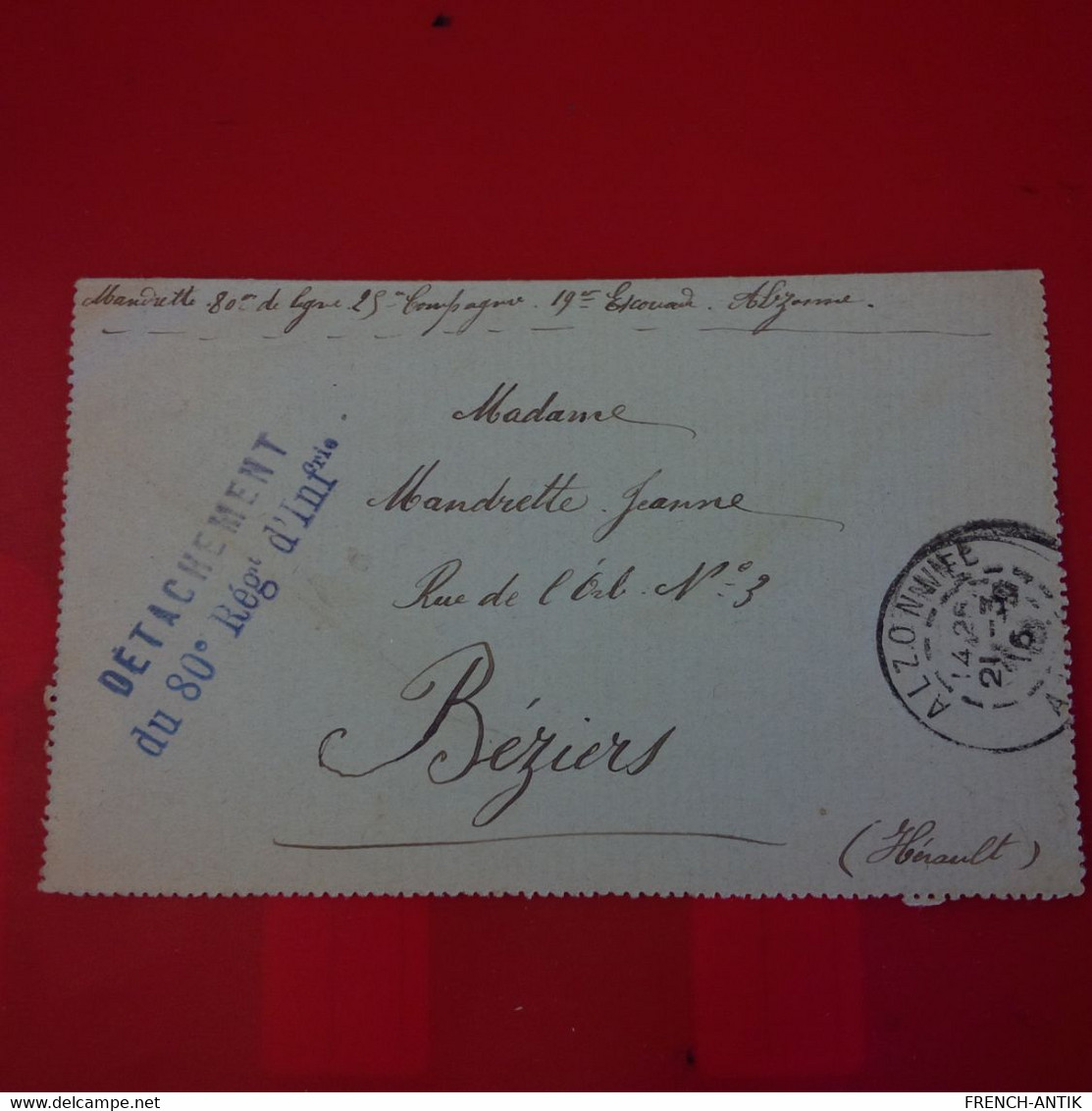 LETTRE ALZONNE POUR BEZIERS CACHET DETACHEMENT DU 80E REGIMENT D INFANTERIE 1916 - Storia Postale