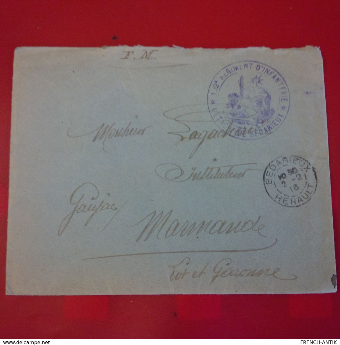 LETTRE BEDARIEUX POUR MARMANDE CACHET 122 E REGIMENT D INFANTERIE 1916 - Lettres & Documents