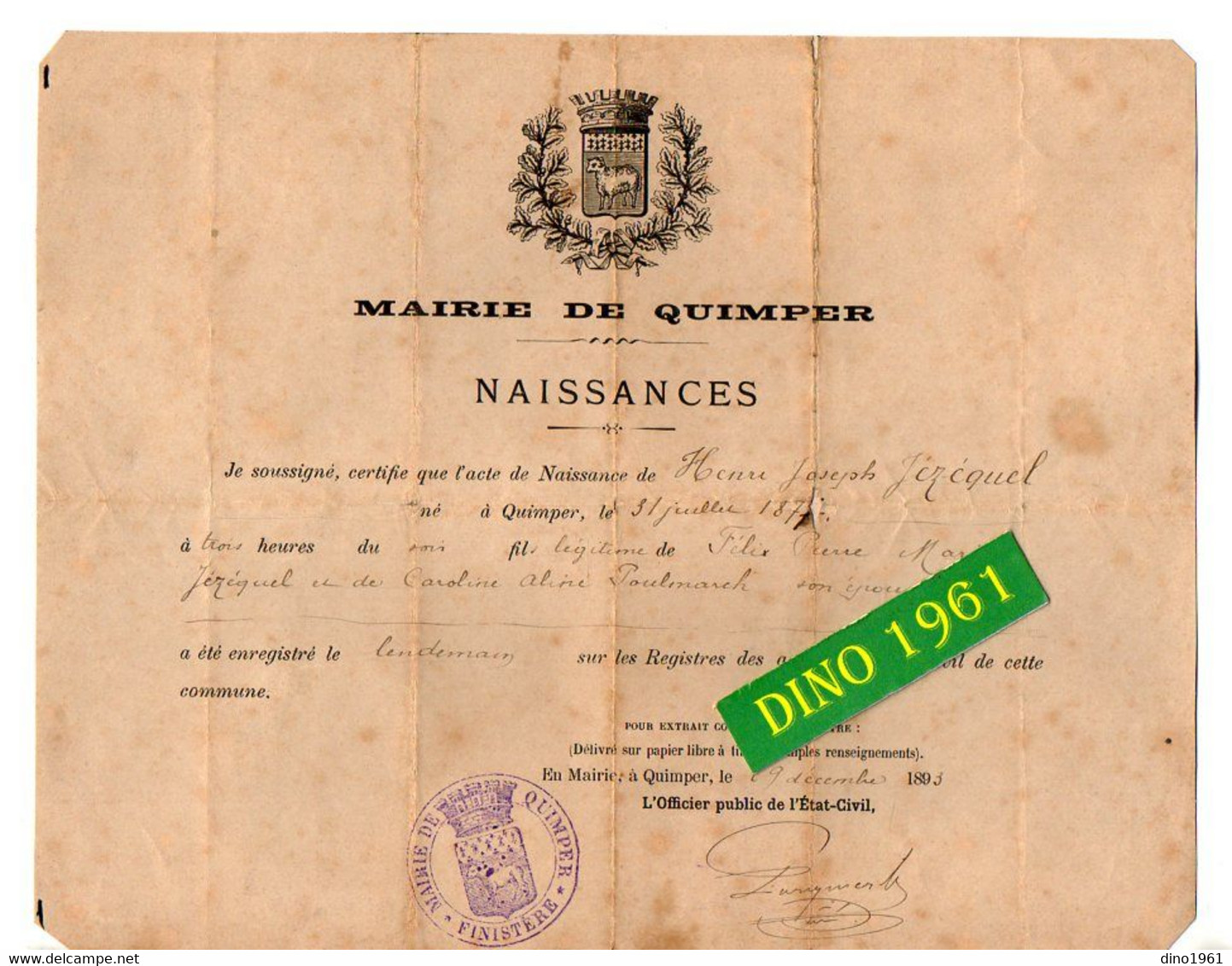 VP20.696 - Mairie De QUIMPER 1893 - Généalogie - Acte De Naissance De Mr Henri - Joseph JEZEQUEL - Birth & Baptism