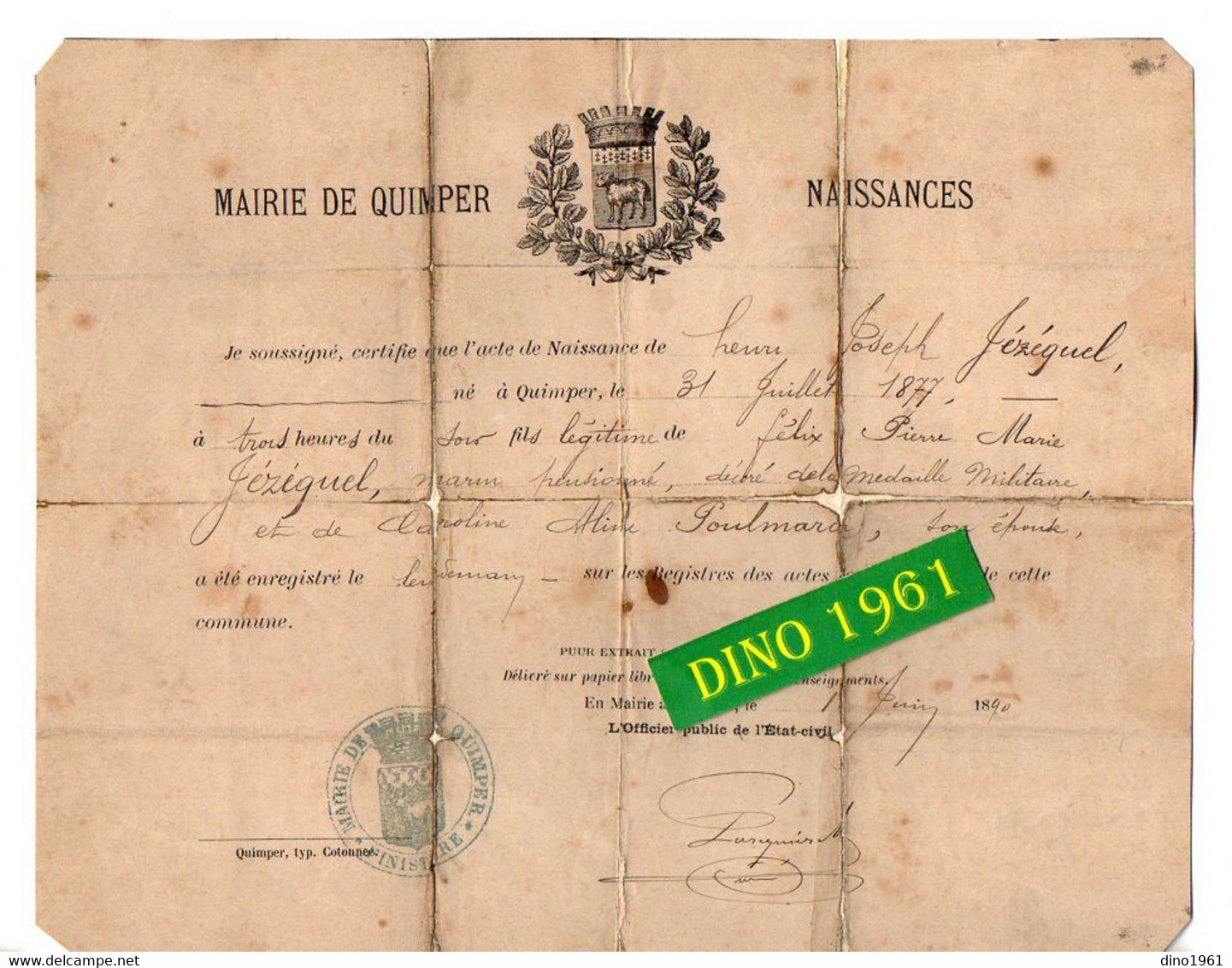 VP20.697 - Mairie De QUIMPER 1890 - Généalogie - Acte De Naissance De Mr Henri - Joseph JEZEQUEL - Nacimiento & Bautizo