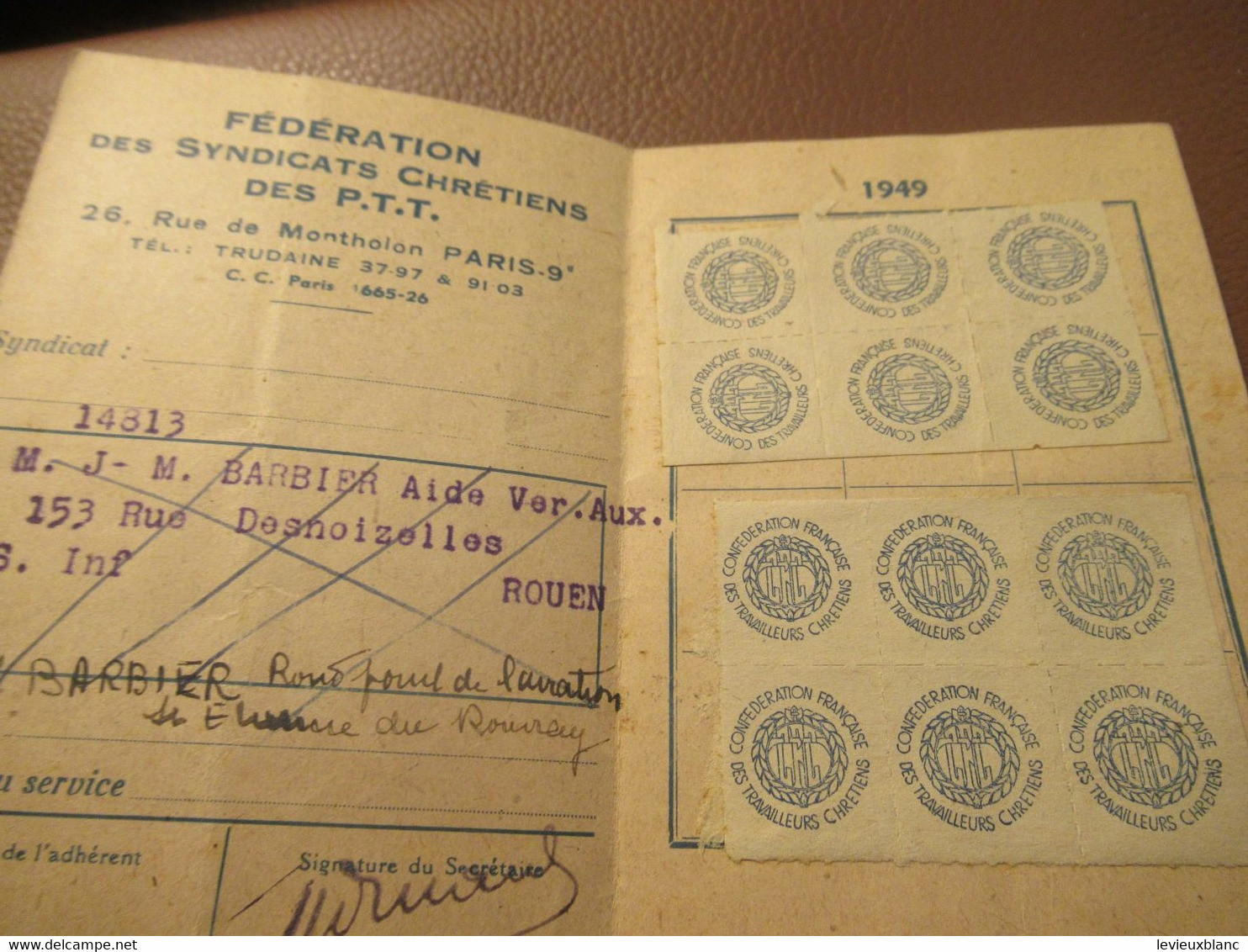 Carte Syndicale/C.F.T.C./ Carte Confédérale/Fédération Des Syndicats Chrétiens Des P.T.T./1949                    AEC219 - Mitgliedskarten