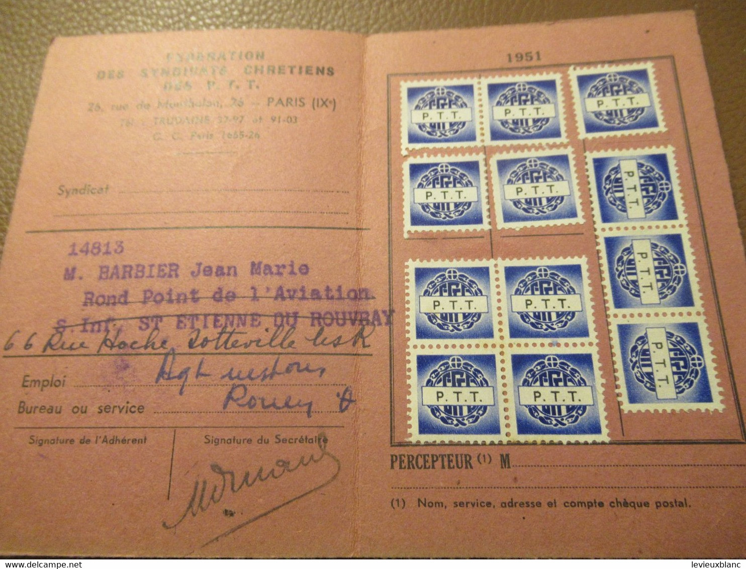 Carte Syndicale/C.F.T.C./ Carte Confédérale/Fédération Des Syndicats Chrétiens Des P.T.T./1951                    AEC221 - Lidmaatschapskaarten
