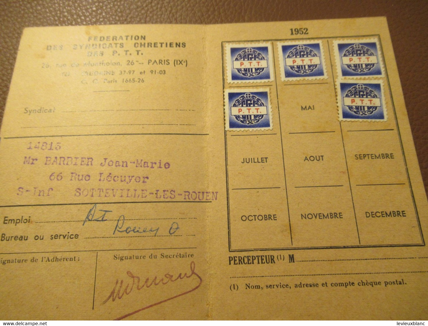 Carte Syndicale/C.F.T.C./ Carte Confédérale/Fédération Des Syndicats Chrétiens Des P.T.T./1952                   AEC222 - Mitgliedskarten