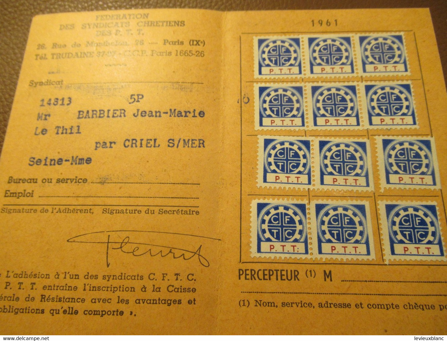 Carte Syndicale/C.F.T.C./ Carte Confédérale/Fédération Des Syndicats Chrétiens Des P.T.T./1961                   AEC223 - Mitgliedskarten